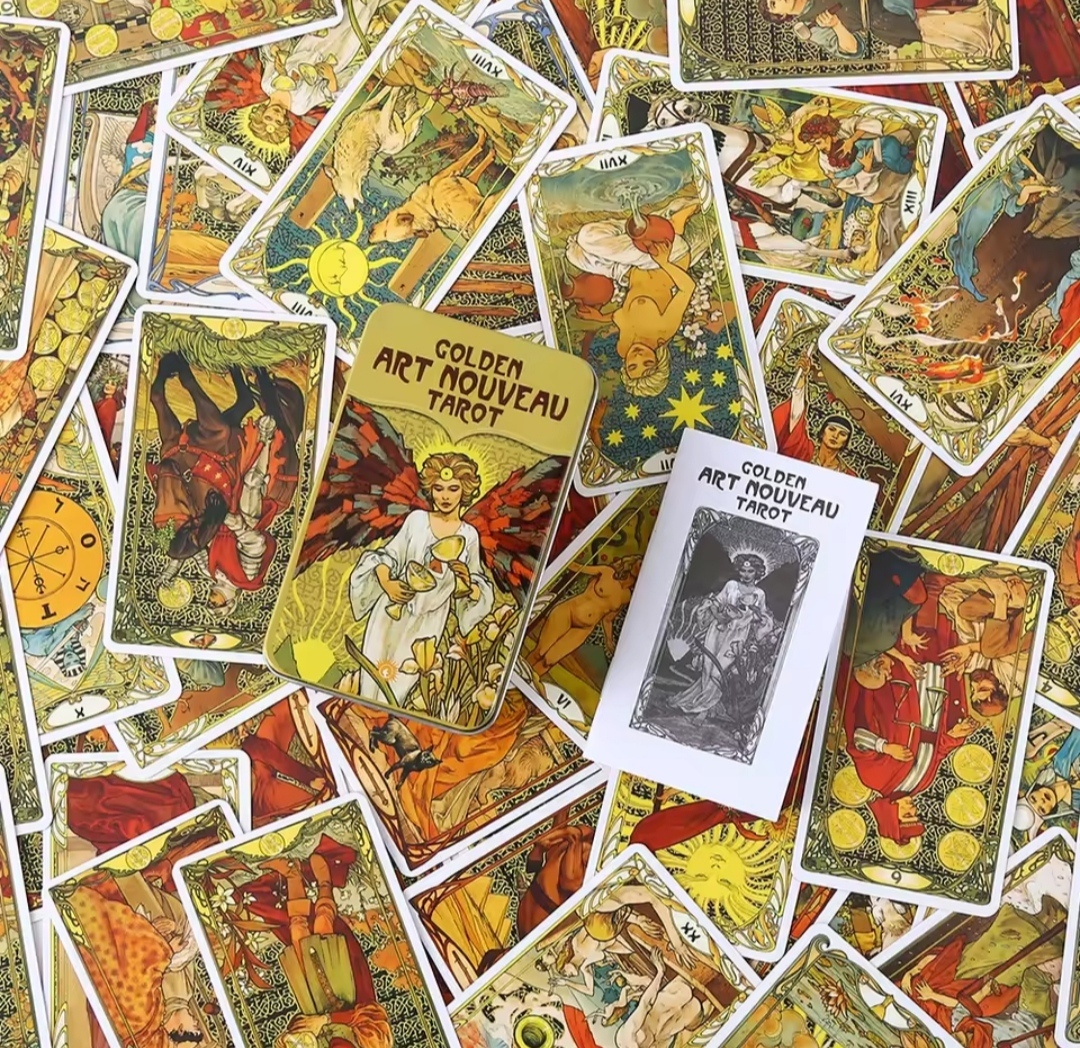 Золоте Таро в стилі модерн. Golden art nuveav taror у бляшаній коробці із золотим тисненням. Карти Таро. arnt