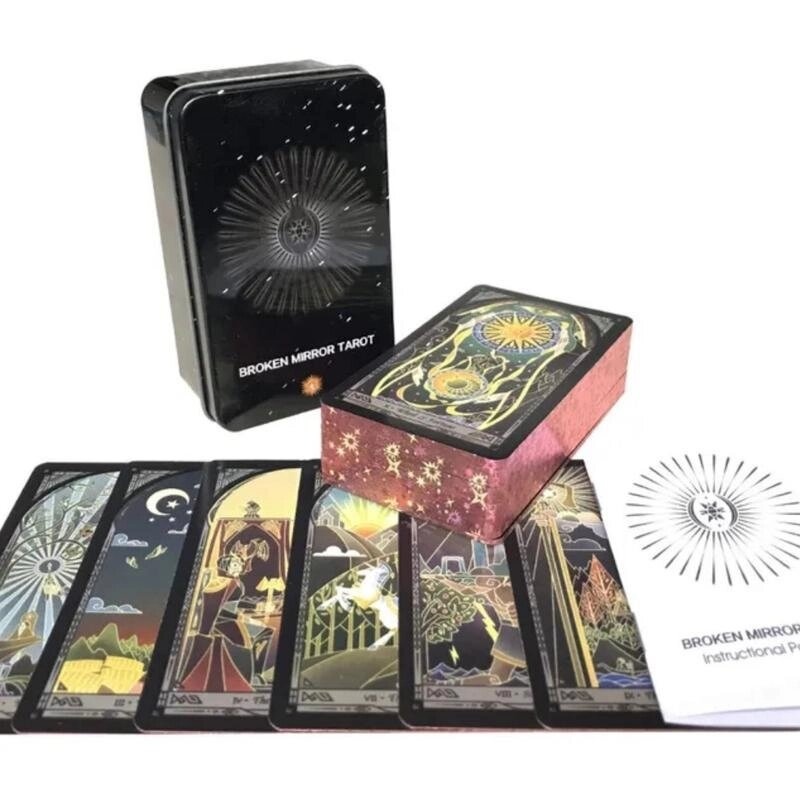 Таро Розбите Дзеркало в бляшаній коробці із золотим тисненням. Broken Mirror Tarot. Карти Таро.