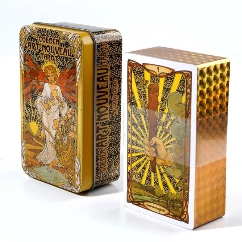 Золоте Таро в стилі модерн. Golden art nuveav taror у бляшаній коробці із золотим тисненням. Карти Таро. arnt
